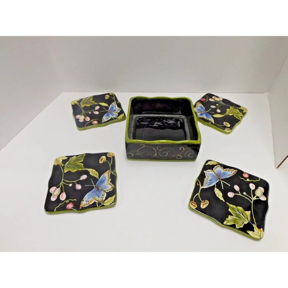 Ceramic Blue Butterfly Floral Print Coaster set (4) DH11